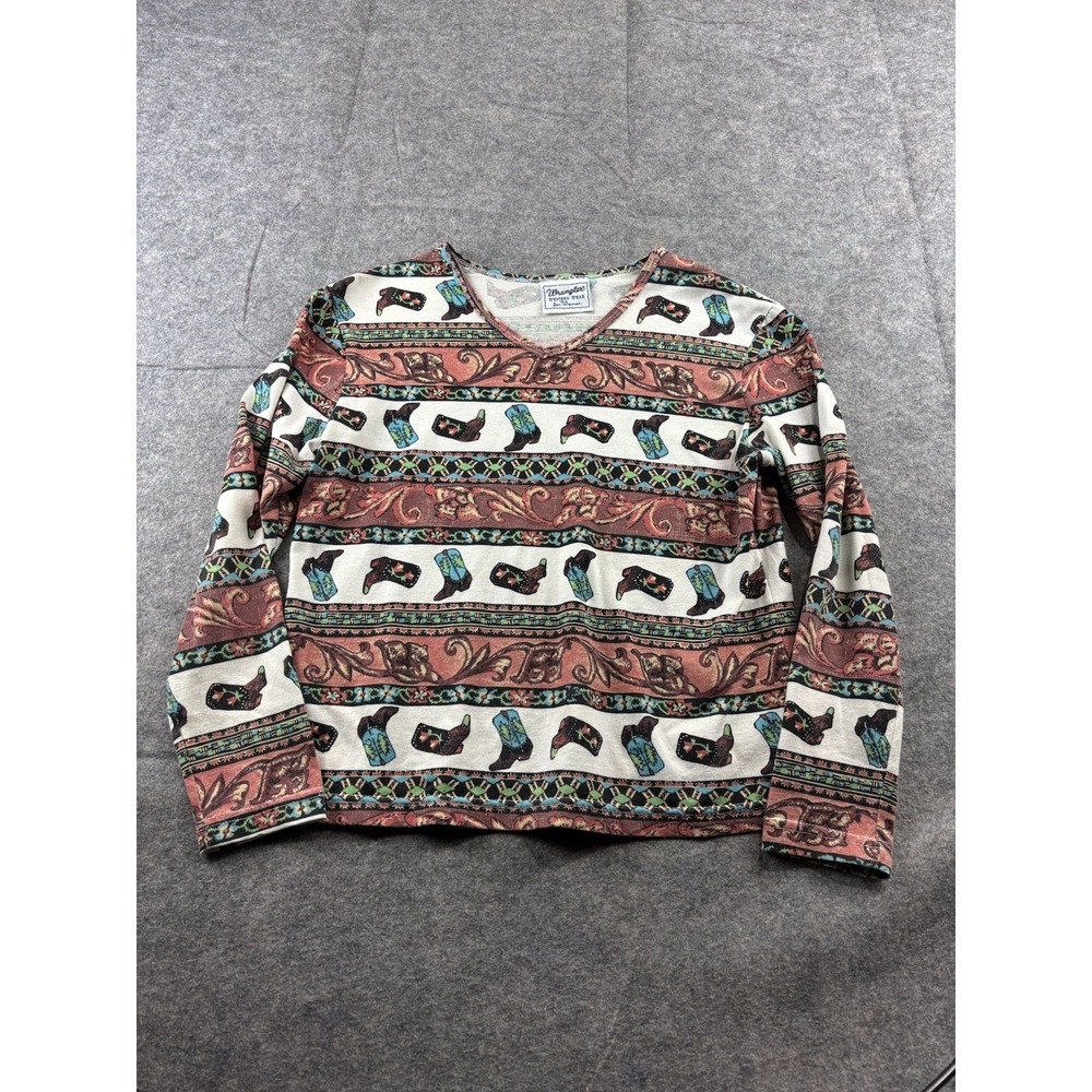 VTG Wrangler Western Wear Women's M Cowboy Boot Paisley Graphic T Shirt V Neck